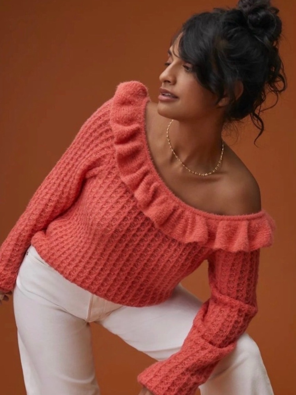 Anthropologie Coral Off-the-Shoulder Ruffle Sweater